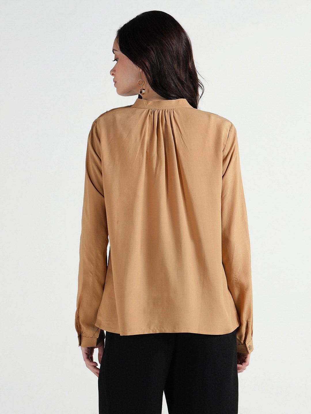 Elle Women Beige Solid Band Collar Top