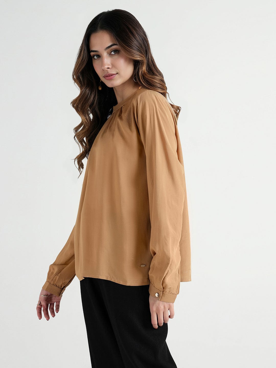 Elle Women Beige Solid Band Collar Top