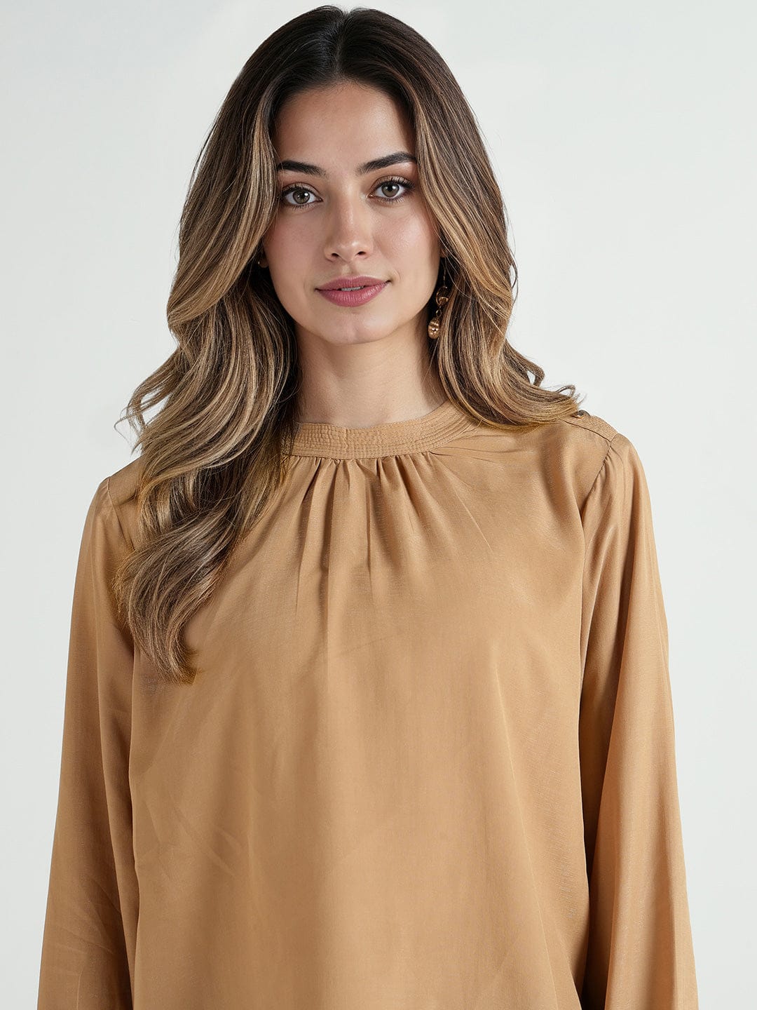 Elle Women Beige Solid Band Collar Top