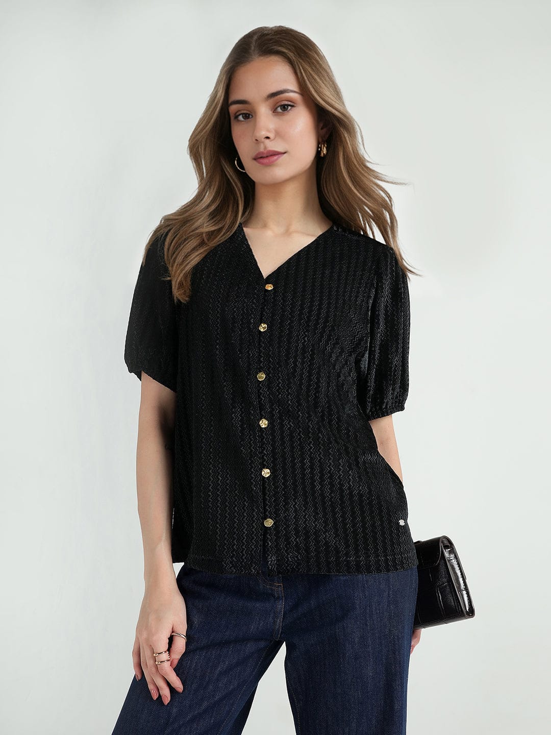 Elle Women Black Textured V Neck Top