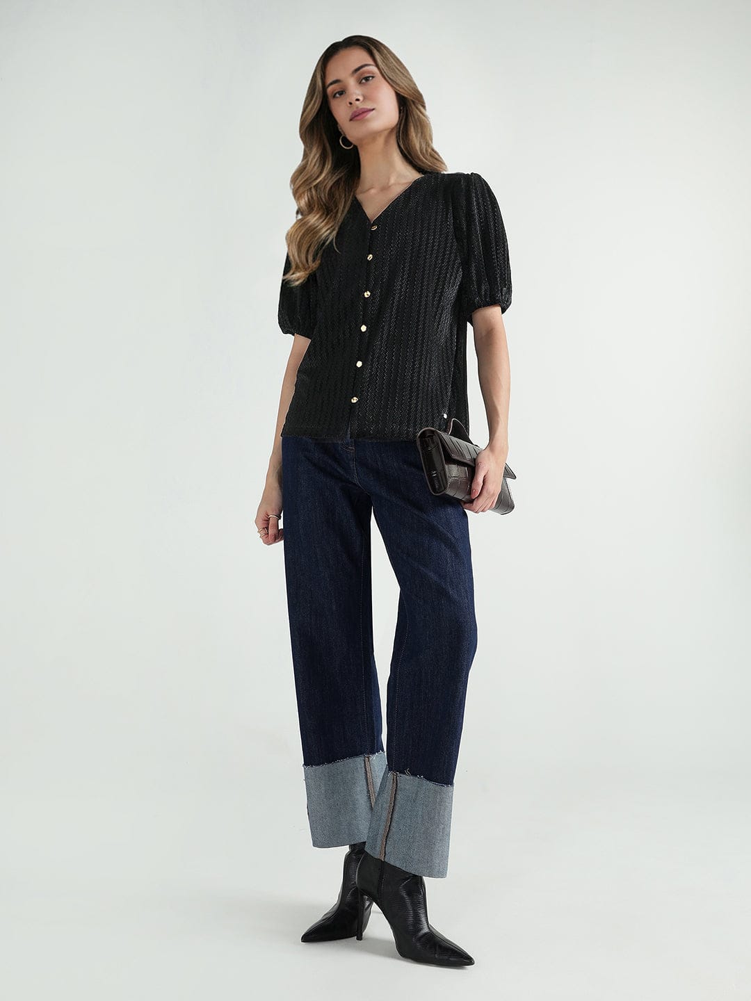 Elle Women Black Textured V Neck Top