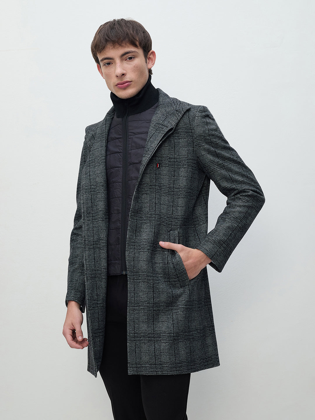 ICONIC Men Grey Checks Regular Fit Overcoat