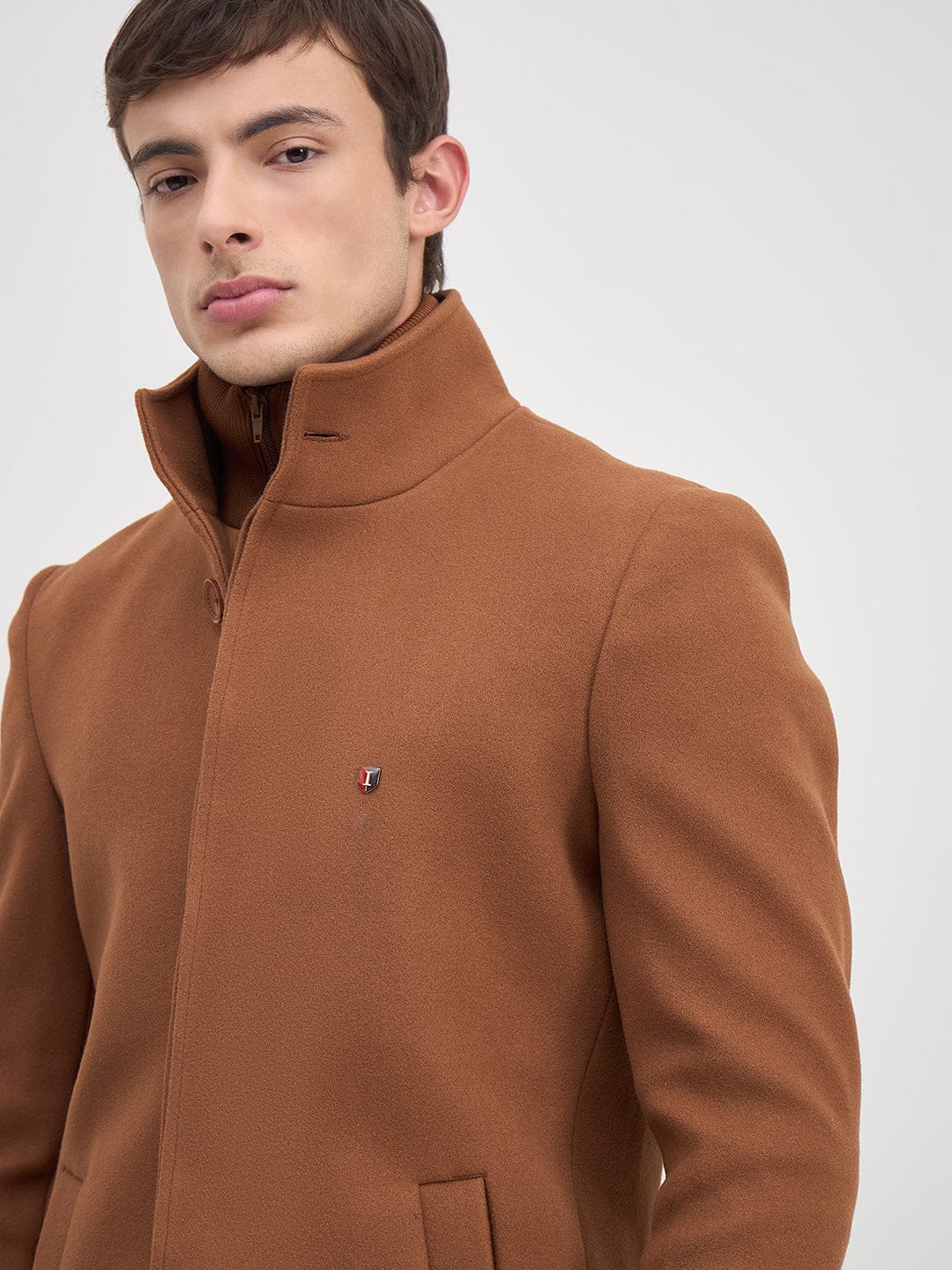 ICONIC Men Brown Solid High Neck Regular Fit Overcoat