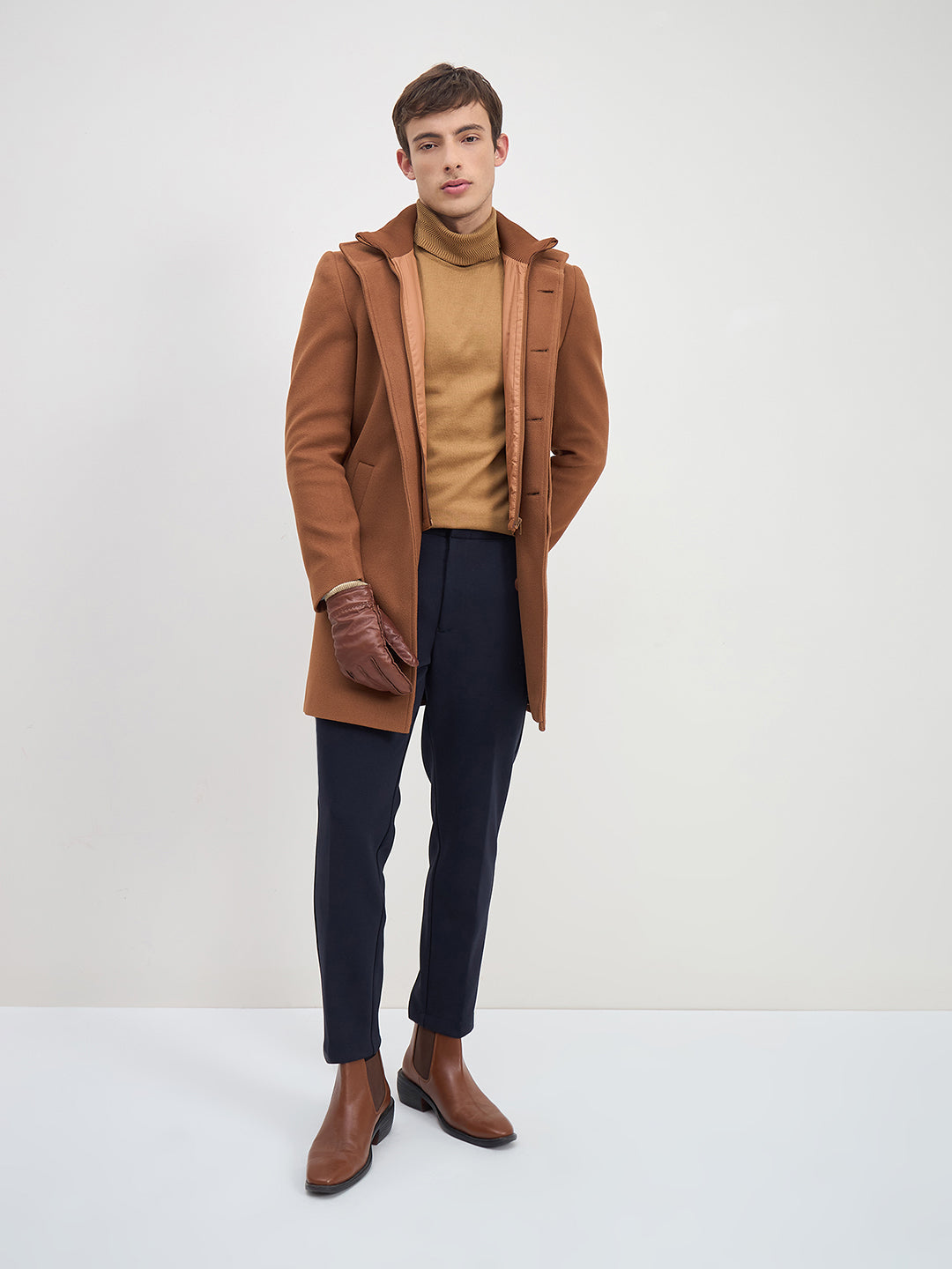 ICONIC Men Brown Solid High Neck Regular Fit Overcoat