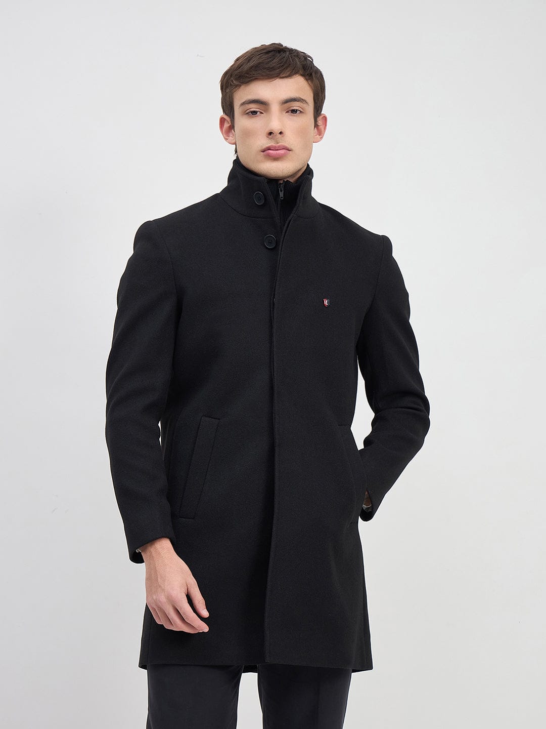 ICONIC Men Black Solid High Neck Regular Fit Overcoat