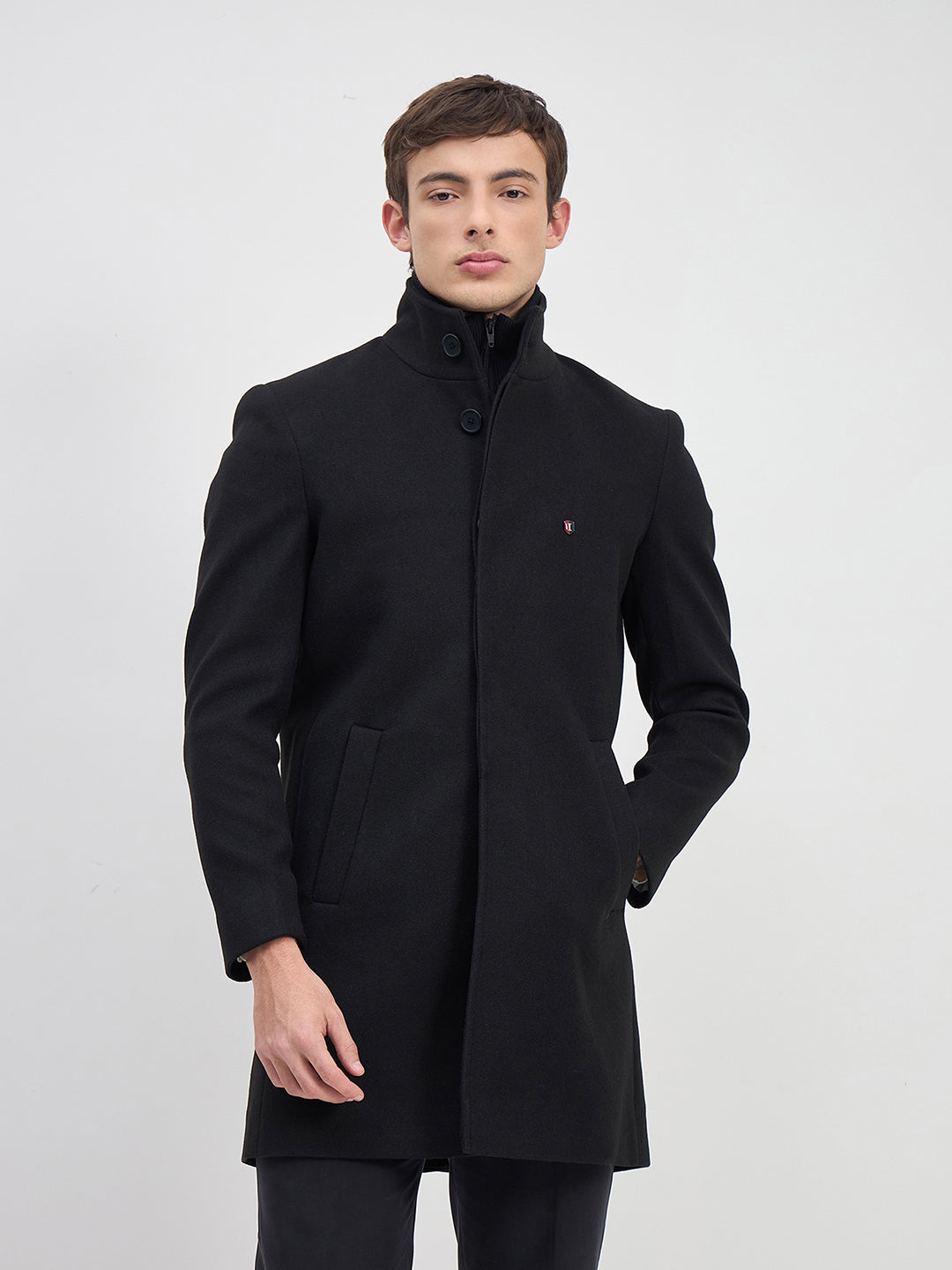 ICONIC Men Black Solid High Neck Regular Fit Overcoat