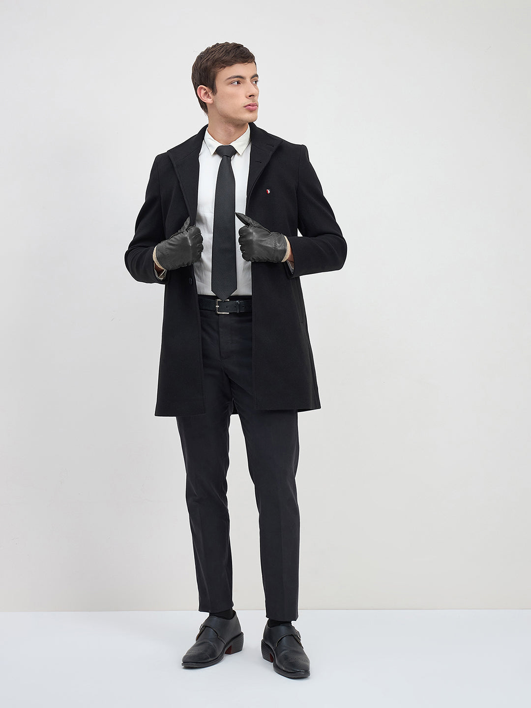 ICONIC Men Black Solid High Neck Regular Fit Overcoat