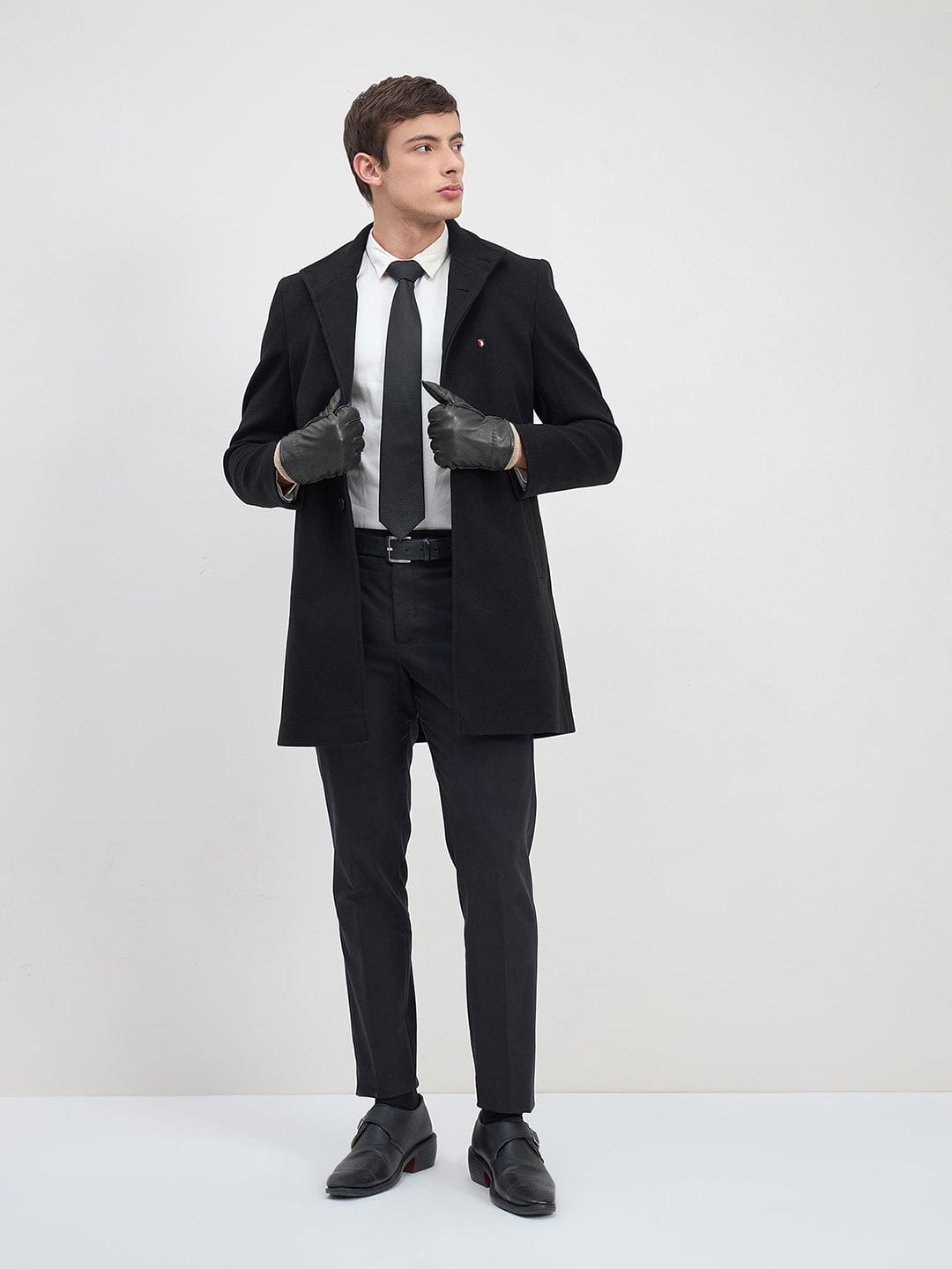 ICONIC Men Black Solid High Neck Regular Fit Overcoat