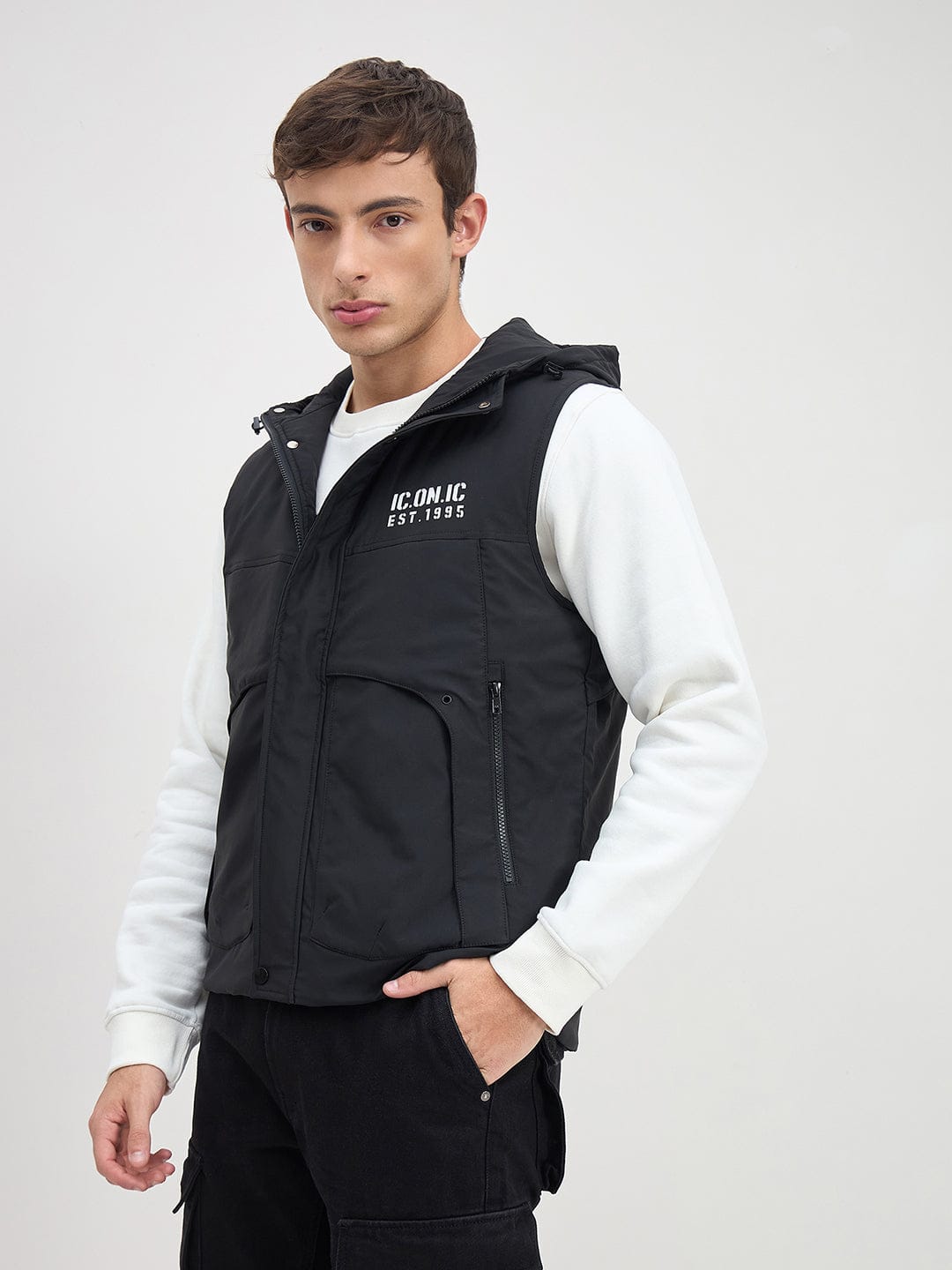 ICONIC Men Black Regular Fit Hoodie Jacket