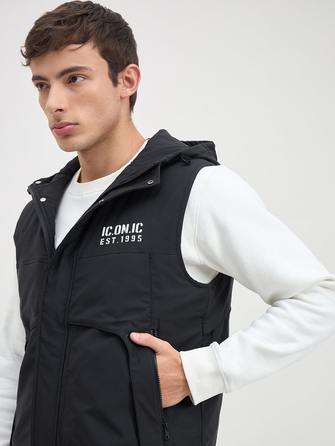 ICONIC Men Black Regular Fit Hoodie Jacket