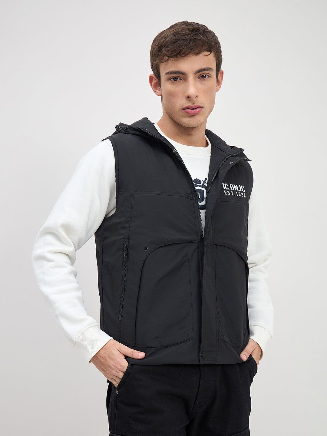 ICONIC Men Black Regular Fit Hoodie Jacket