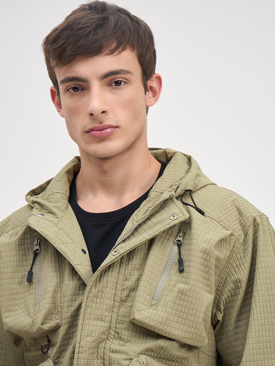 ICONIC Men Green Textured Regular Fit Hoodie Jacket