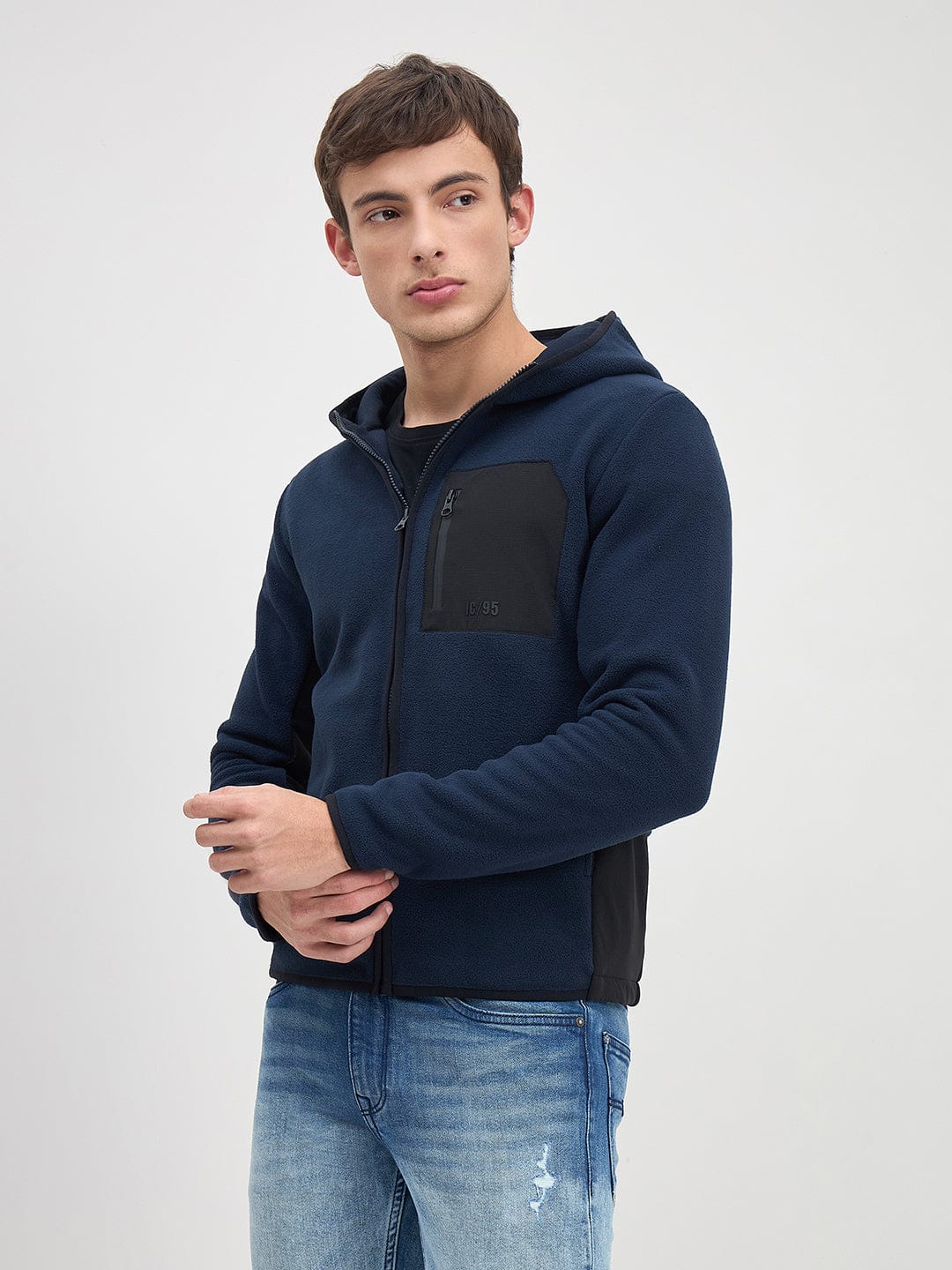 Iconic Men Navy Blue Solid Hoodie Jacket