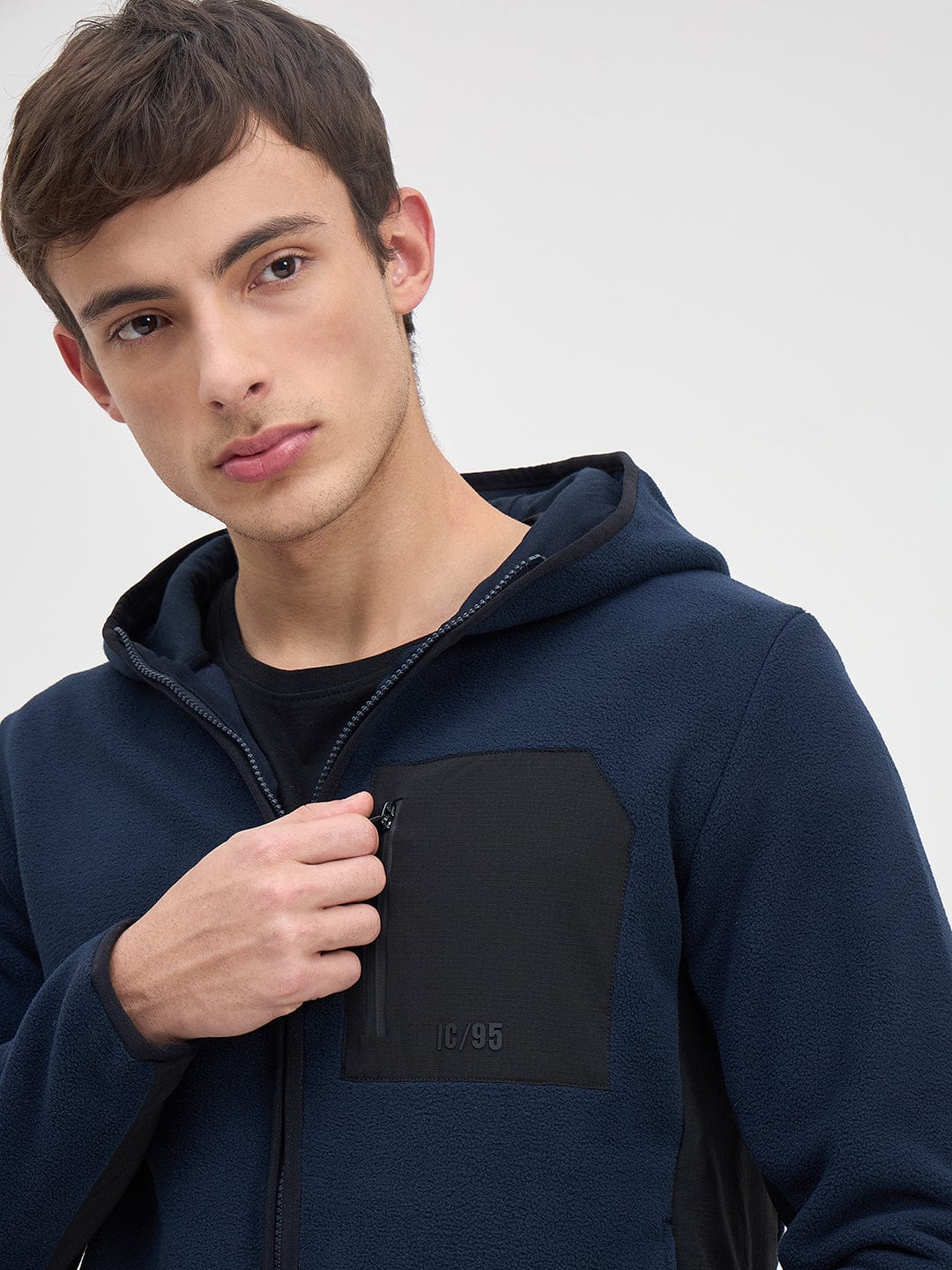 Iconic Men Navy Blue Solid Hoodie Jacket