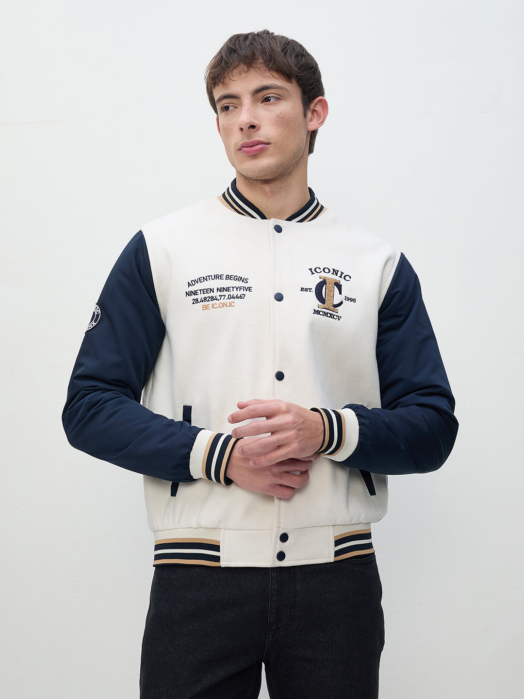 ICONIC Men Multi Colorblock Band Collar Varsity Jacket