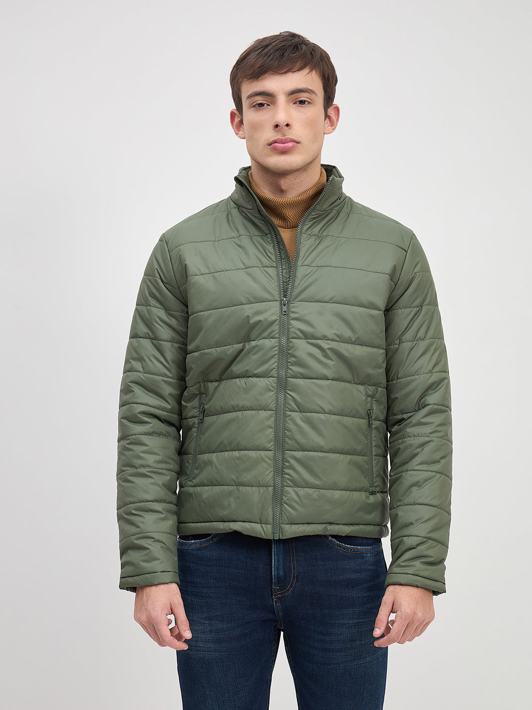ICONIC Men Green Quilted High Neck Regular Fit Jacket