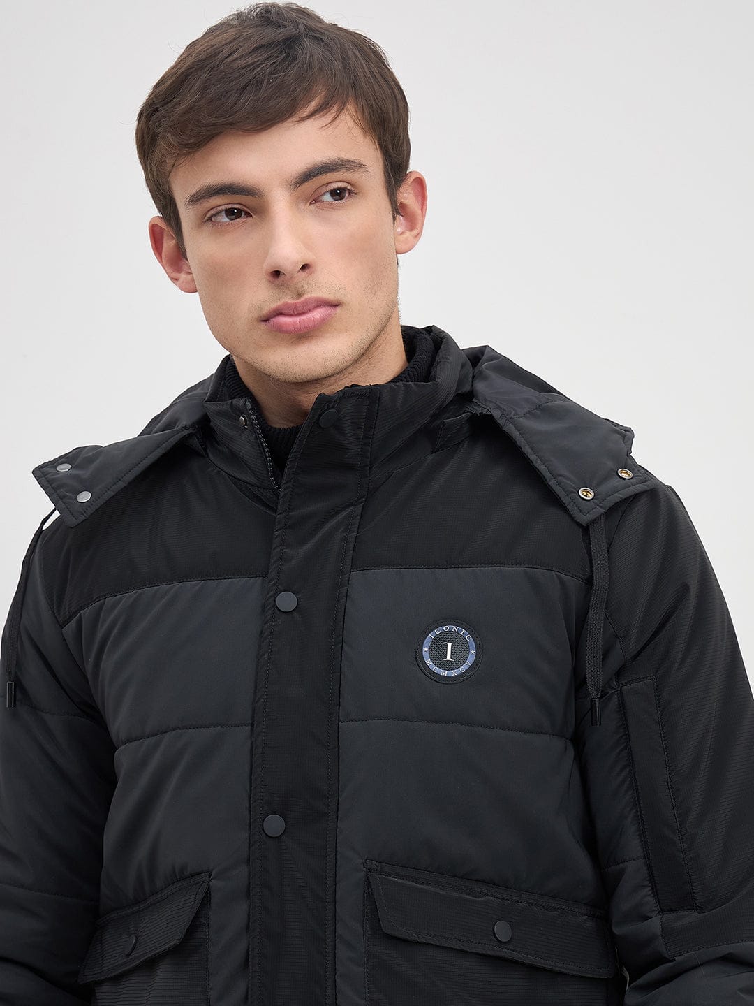 ICONIC Men Black Quilted Regular Fit Hoodie Jacket