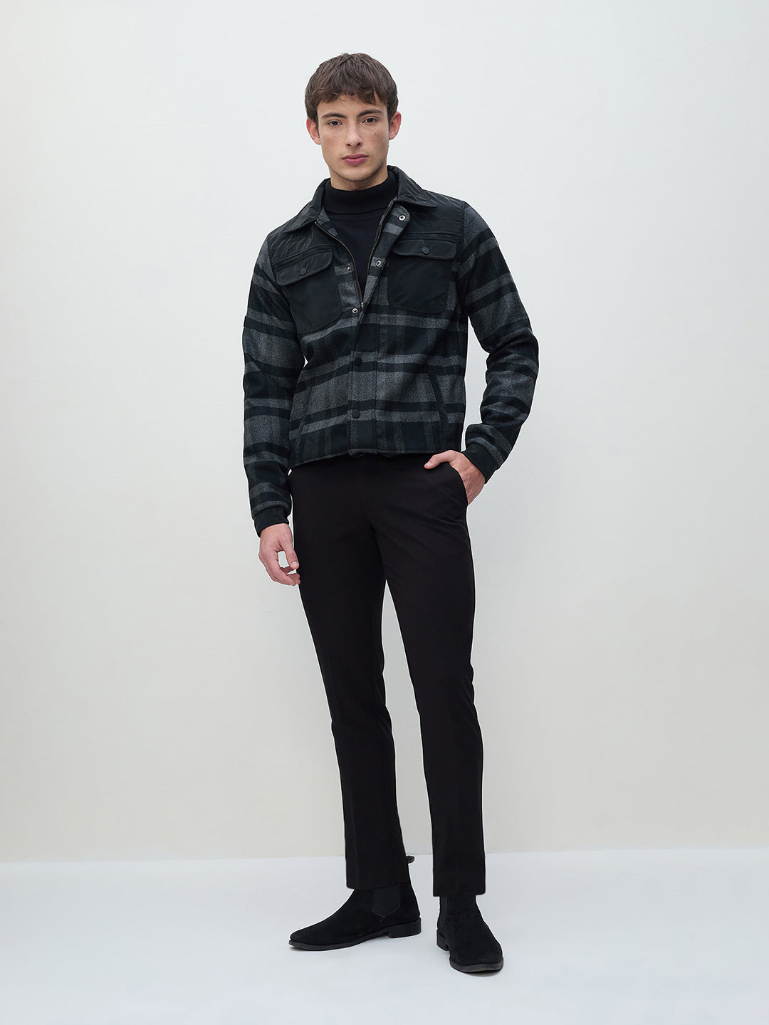 ICONIC Men Black Check Regular Fit Jacket