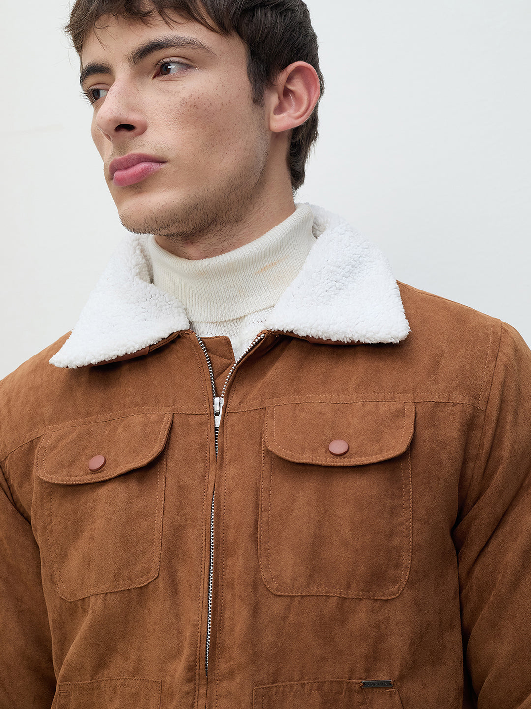 ICONIC Men Brown Suede Detachable Collar Jacket