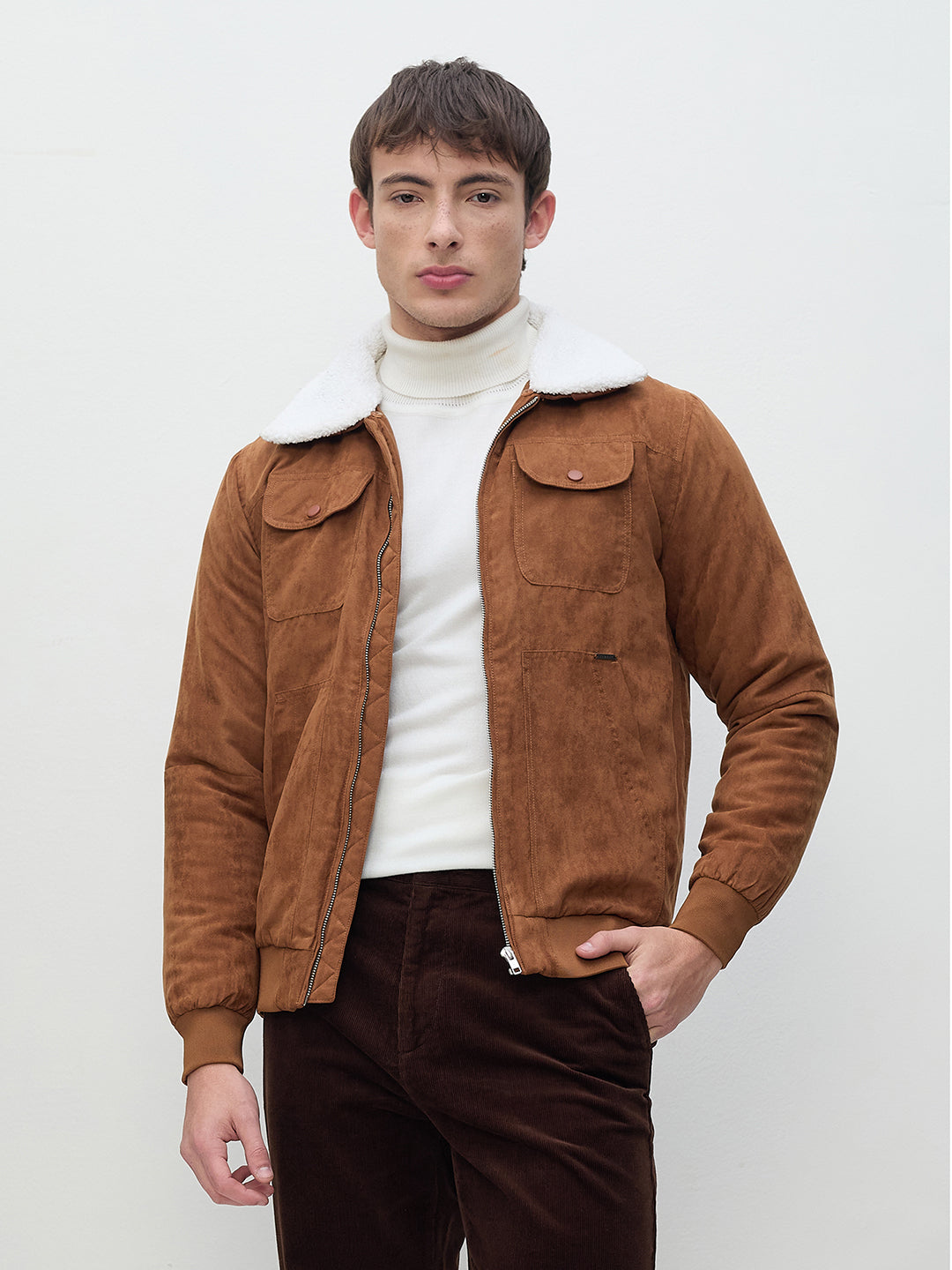 ICONIC Men Brown Suede Detachable Collar Jacket