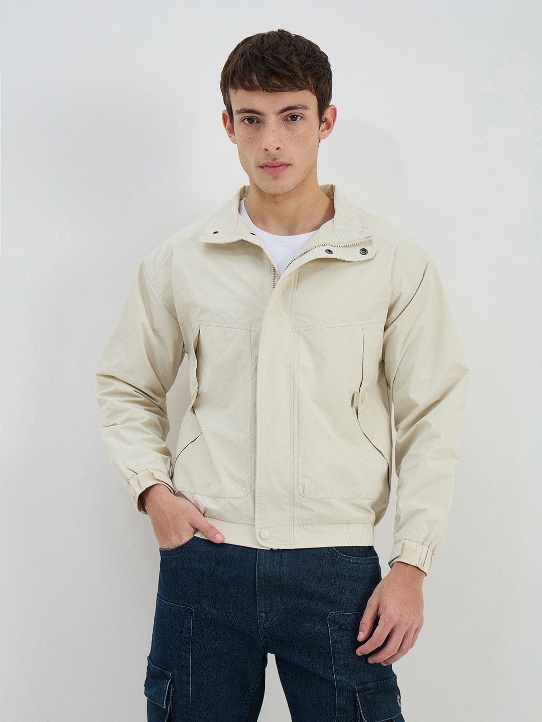 Iconic Men Beige Solid Collared Jacket