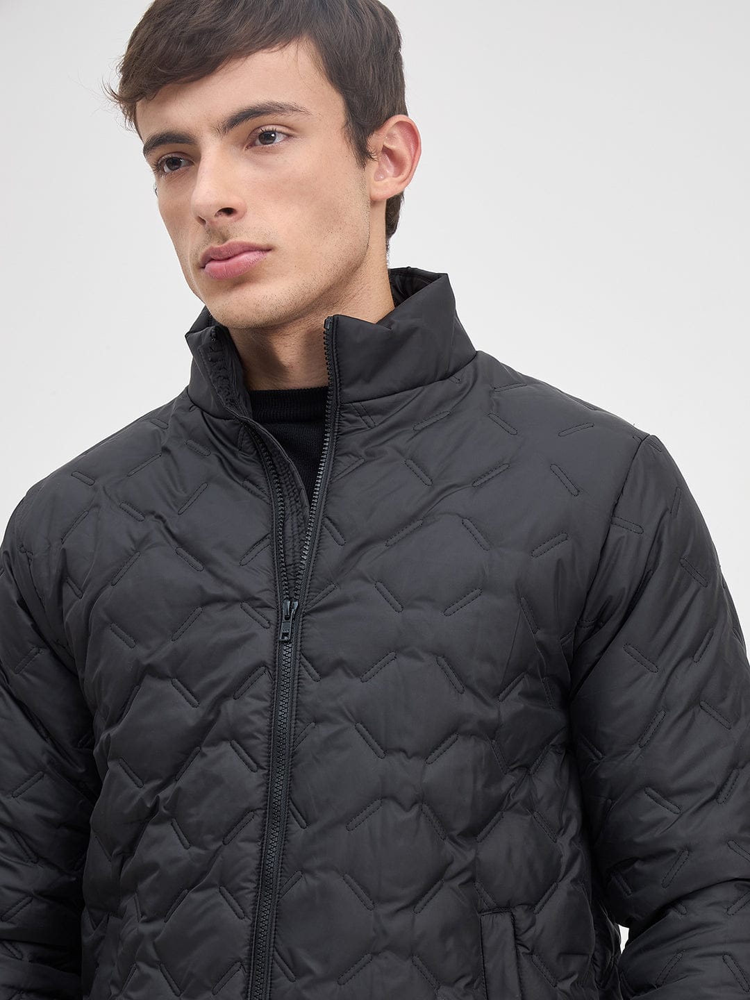 ICONIC Men Black Quilted Regular Fit Hoodie Jacket