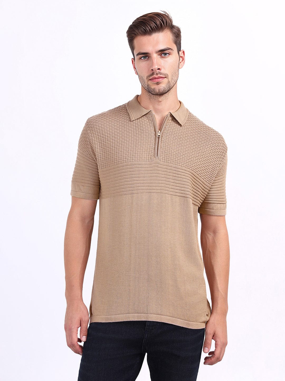 Iconic Men Beige Textured Polo Tshirt