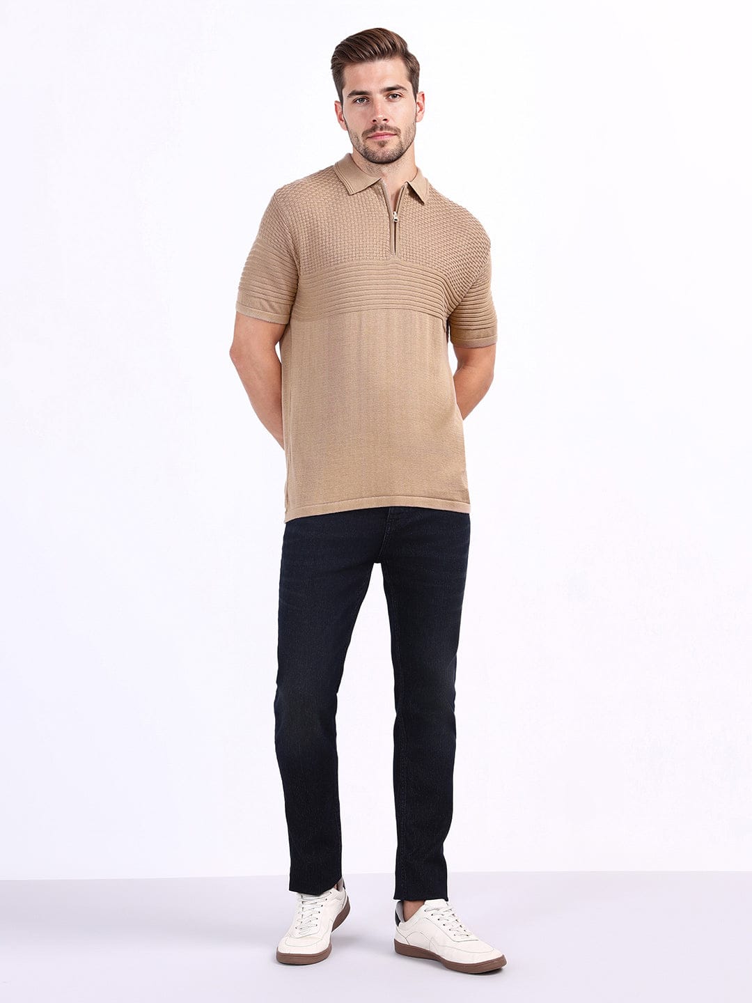 Iconic Men Beige Textured Polo Tshirt