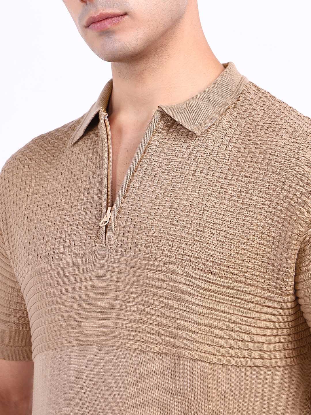 Iconic Men Beige Textured Polo Tshirt