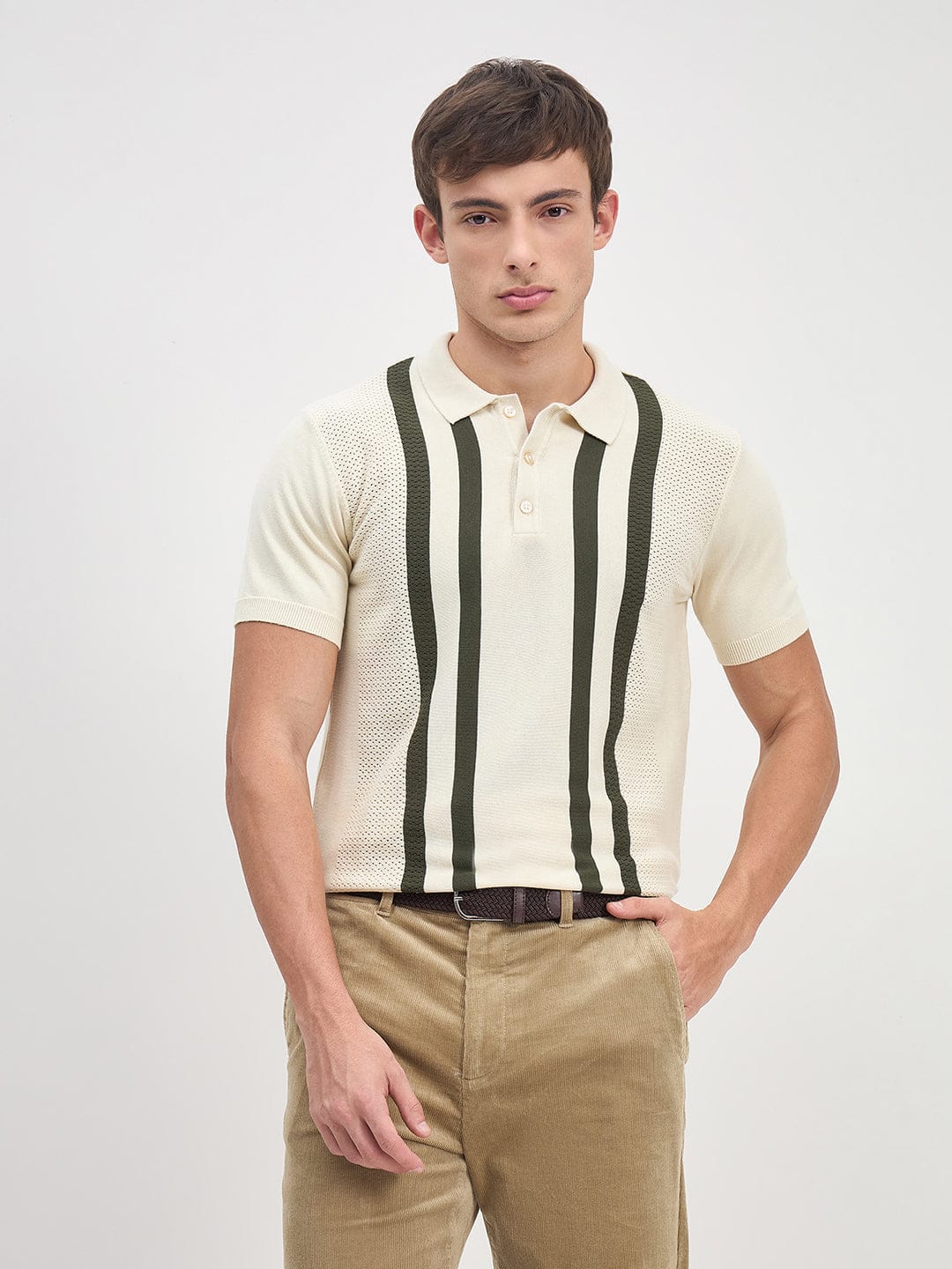 ICONIC Men Cream Stripes Polo Neck Regular Fit Polo T-Shirt
