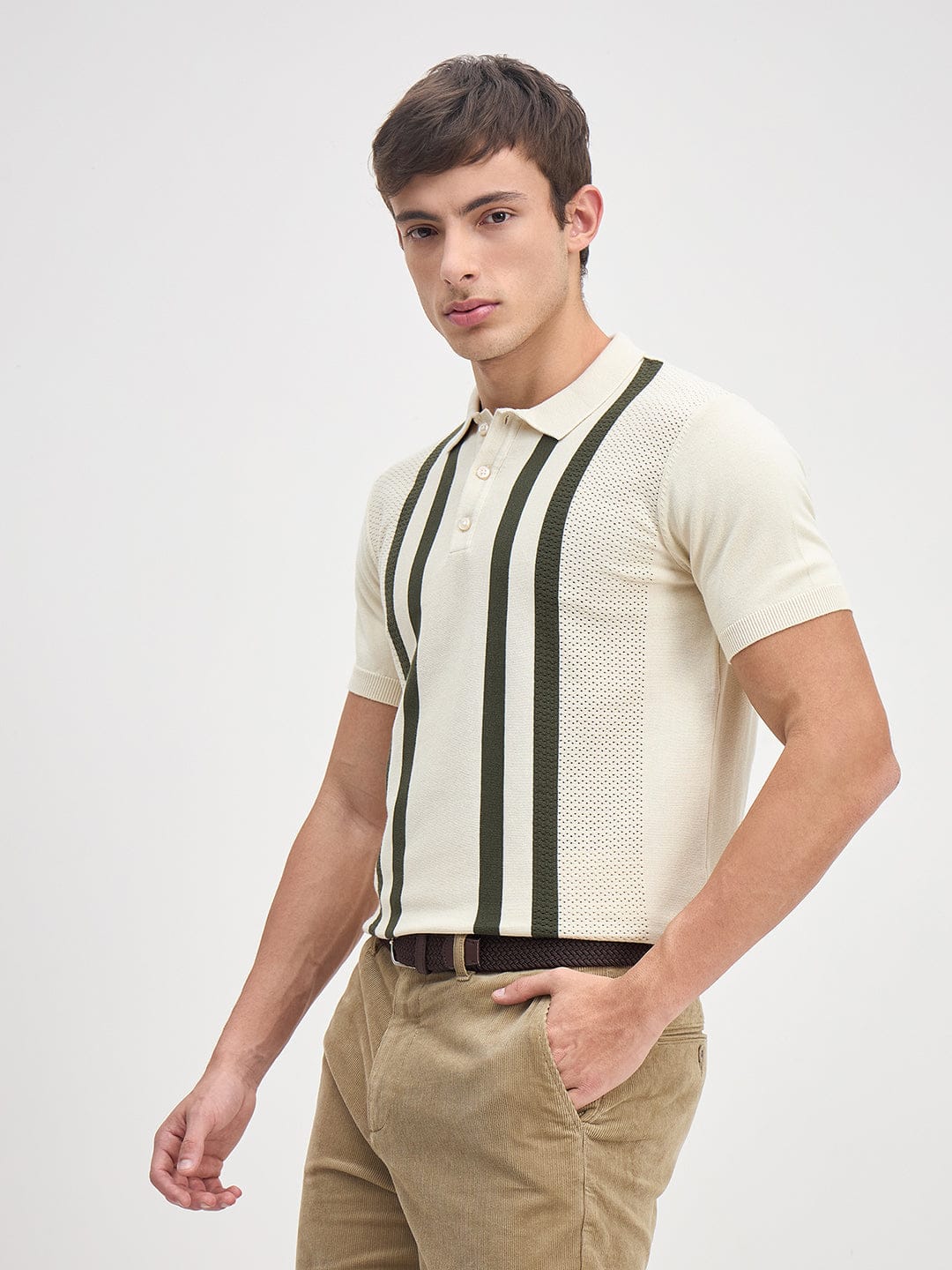 ICONIC Men Cream Stripes Polo Neck Regular Fit Polo T-Shirt