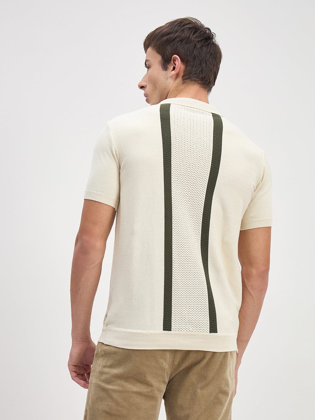 ICONIC Men Cream Stripes Polo Neck Regular Fit Polo T-Shirt