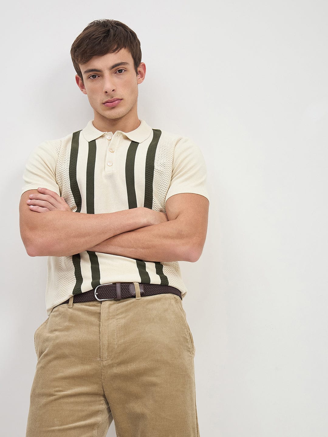 ICONIC Men Cream Stripes Polo Neck Regular Fit Polo T-Shirt