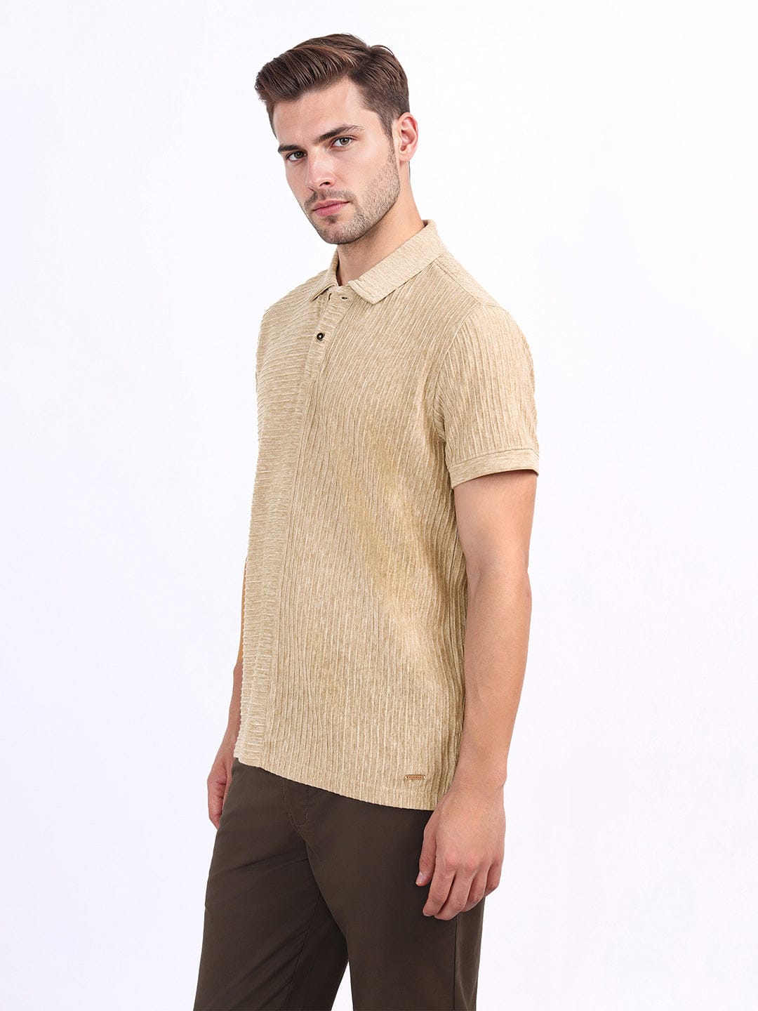 Iconic Men Beige Textured Polo Tshirt