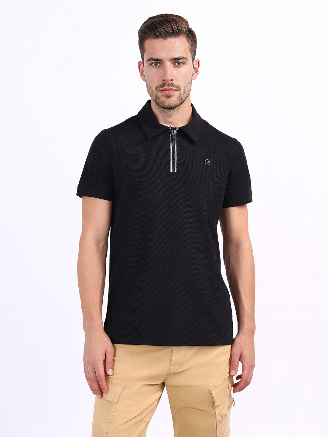 Iconic Men Black Textured Polo Tshirt