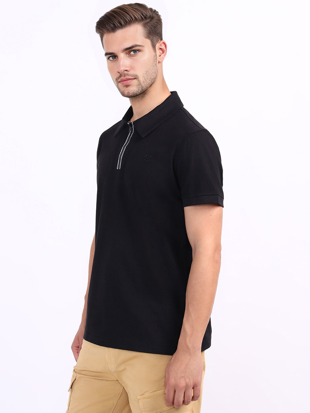 Iconic Men Black Textured Polo Tshirt