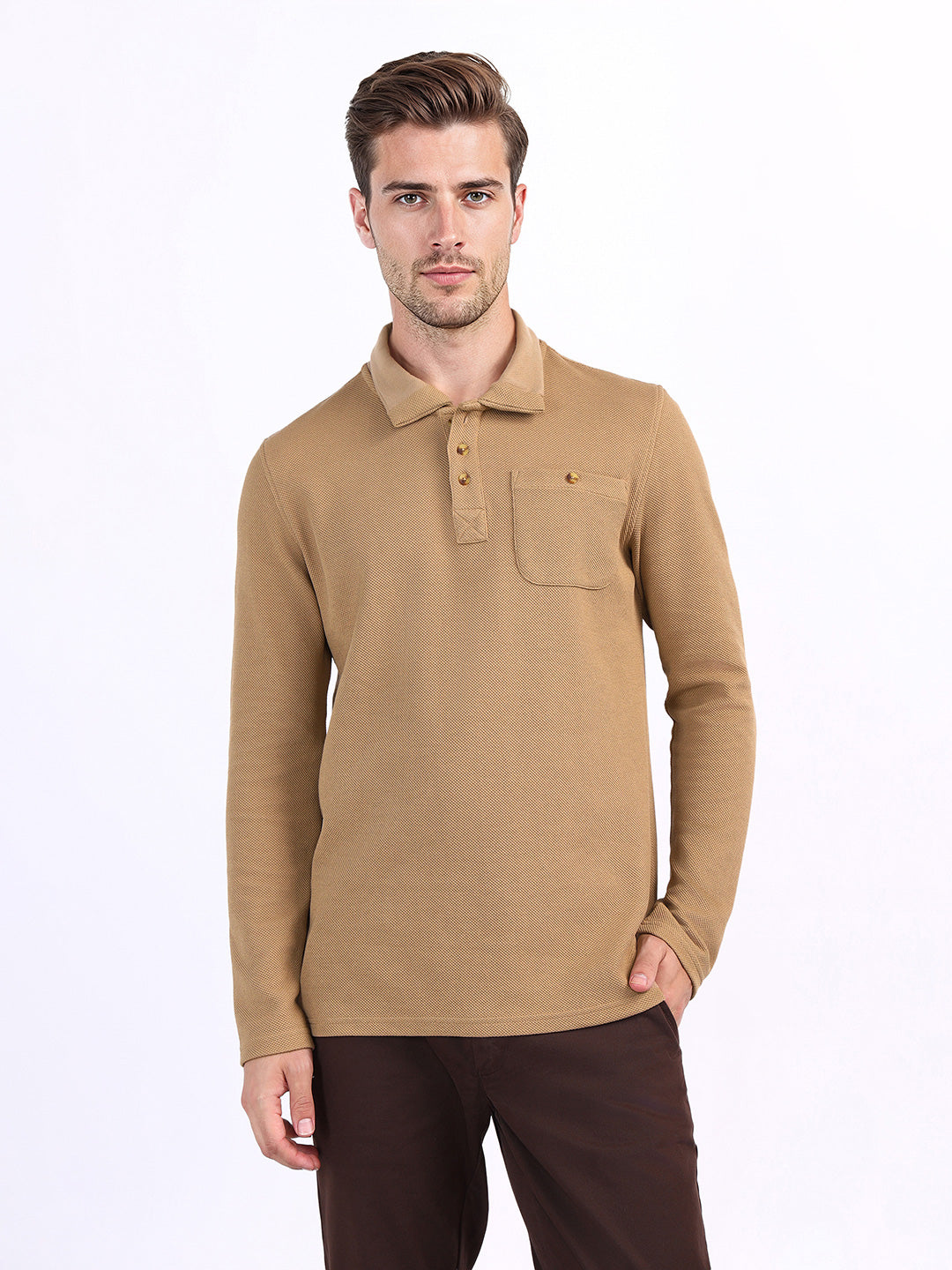 Iconic Men Brown Textured Polo Sweatshirt