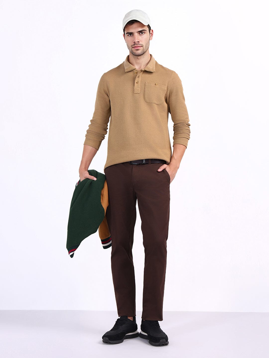 Iconic Men Brown Textured Polo Sweatshirt