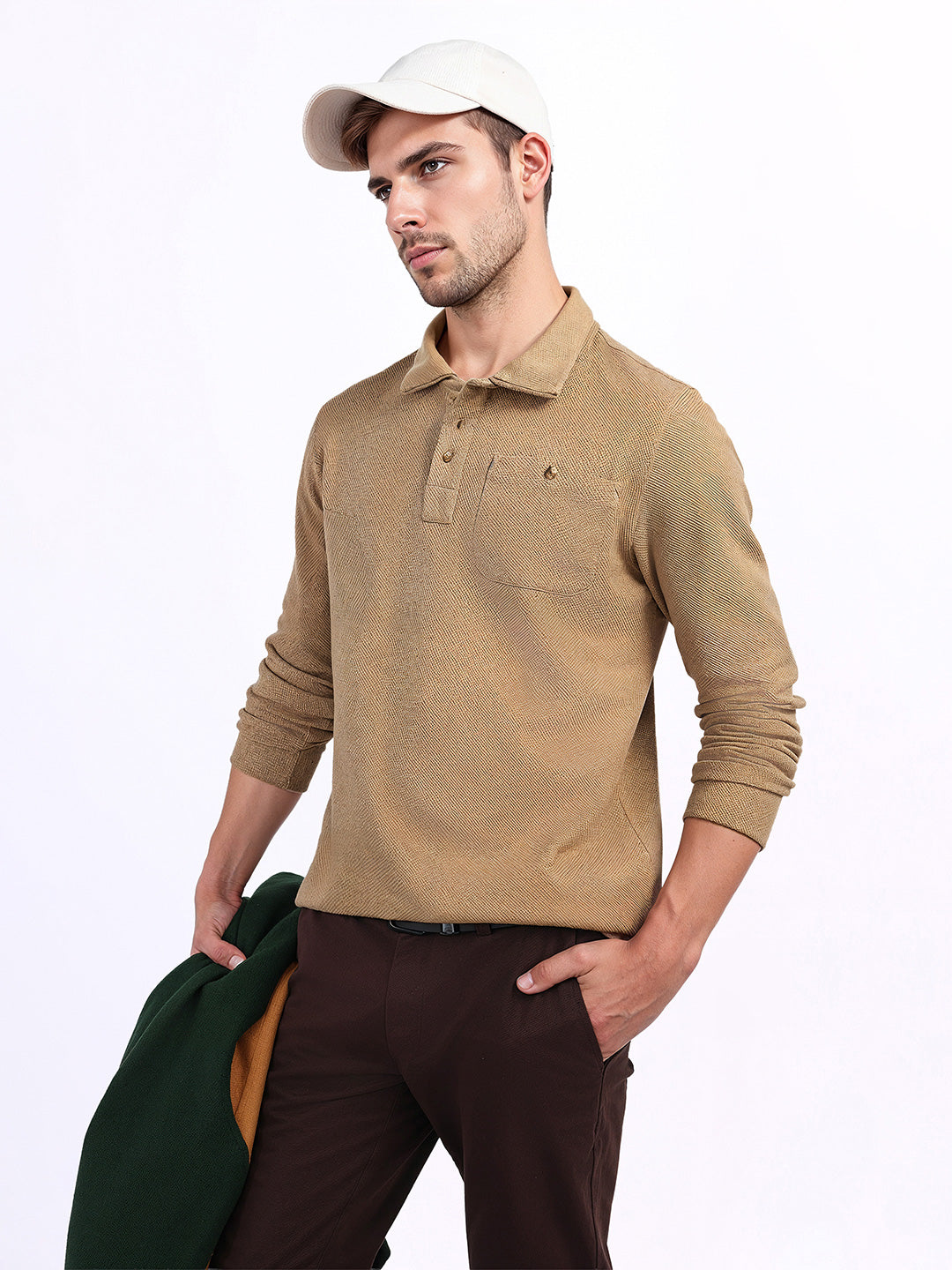 Iconic Men Brown Textured Polo Sweatshirt