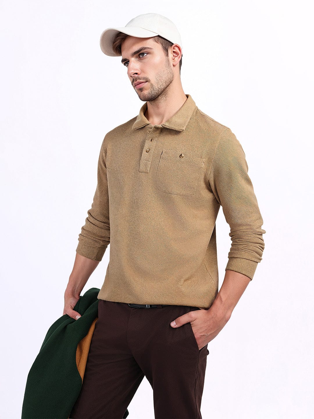 Iconic Men Brown Textured Polo Sweatshirt