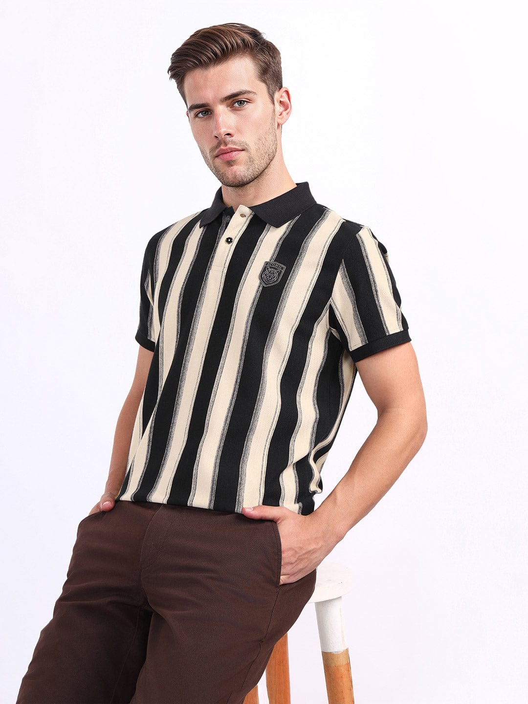 Iconic Men Beige Solid Polo Tshirt