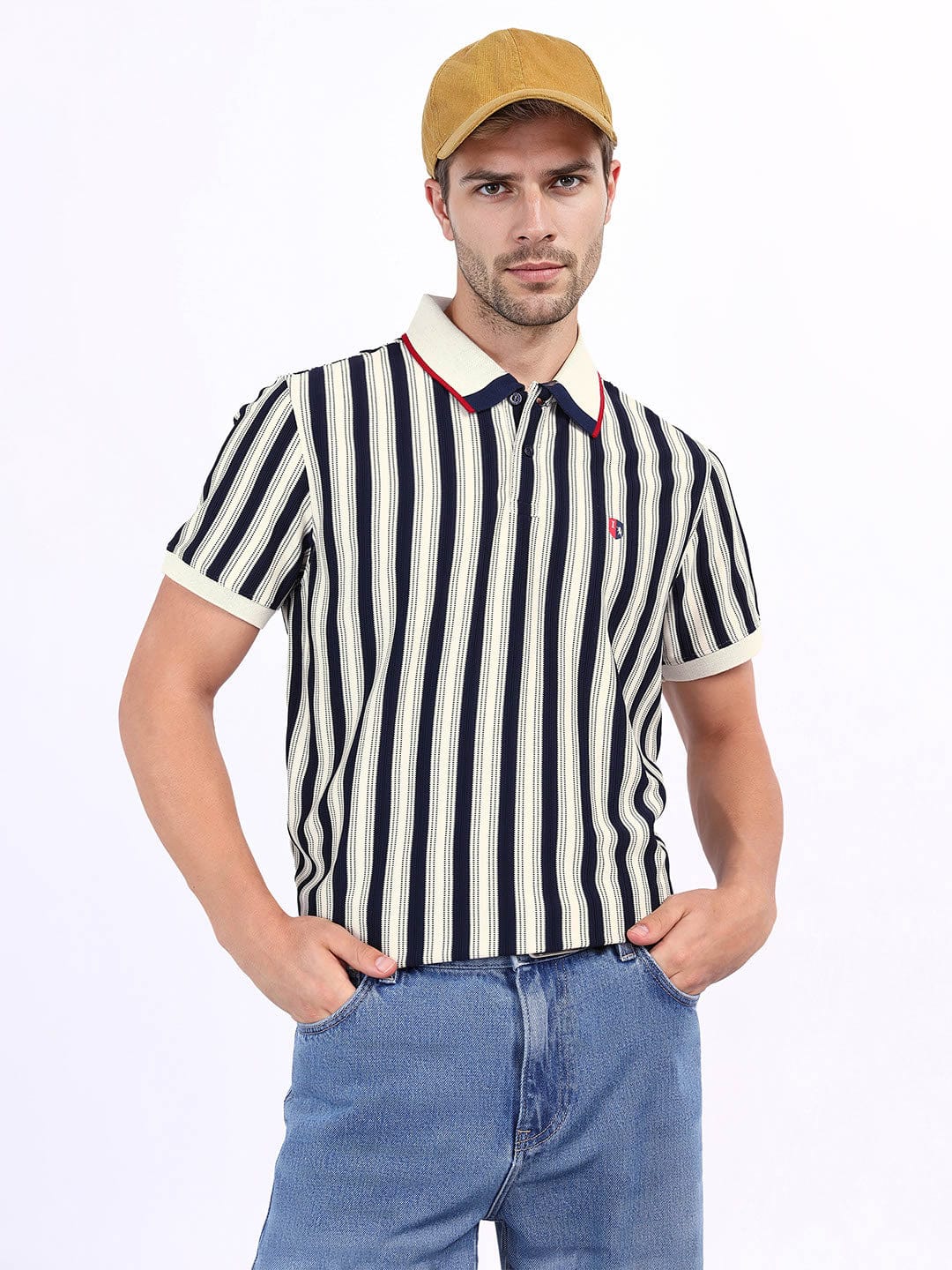 Iconic Men Blue Striped Polo Tshirt
