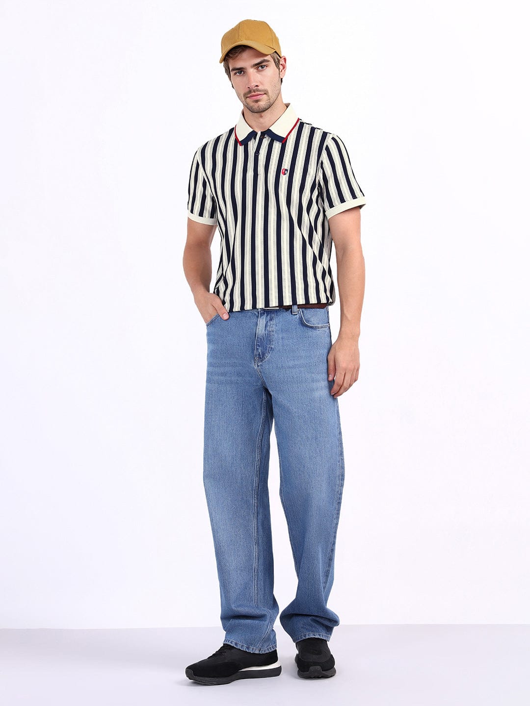 Iconic Men Blue Striped Polo Tshirt