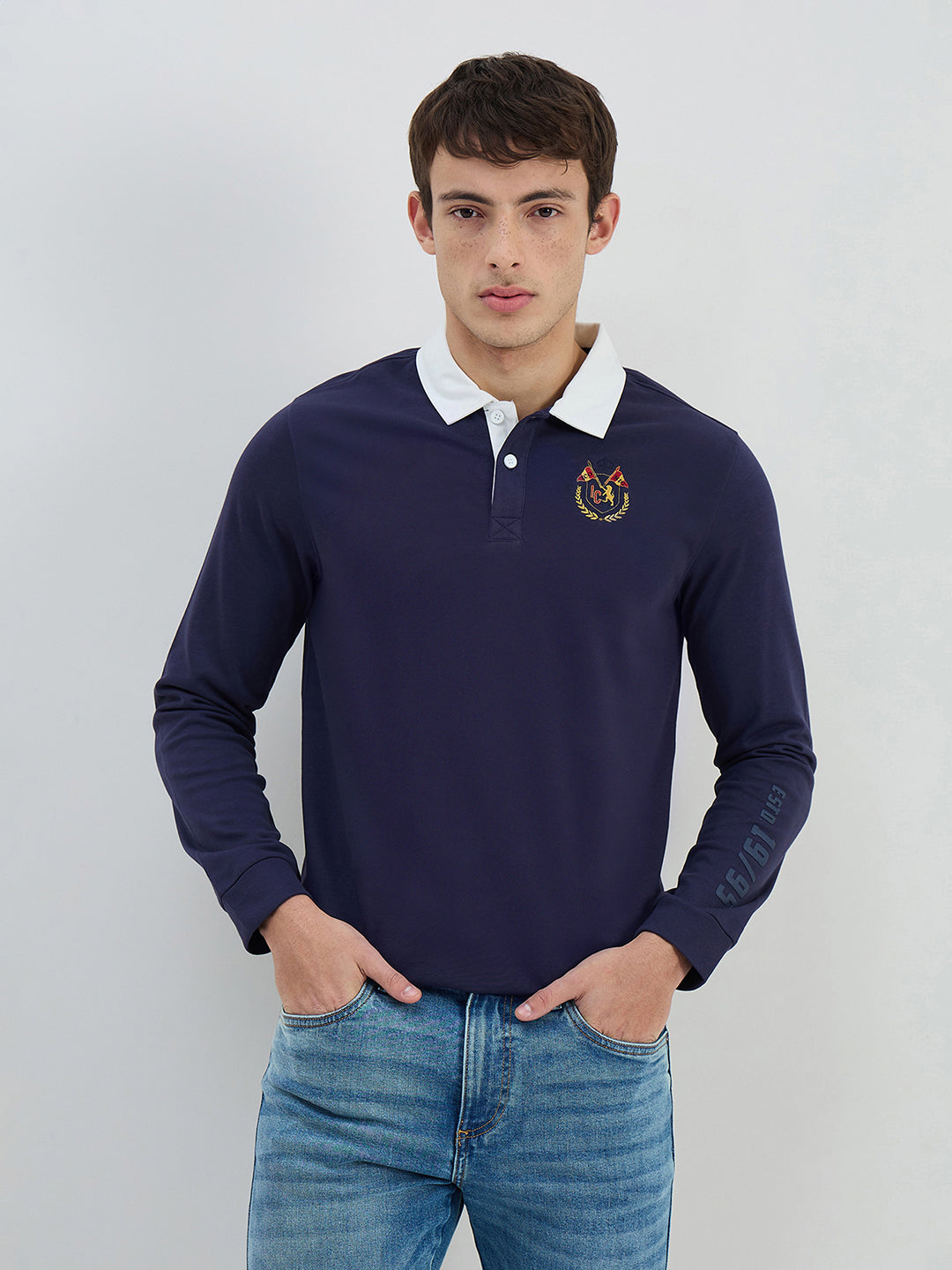Iconic Men Regular Fit Navy Blue Logo Polo T-shirt