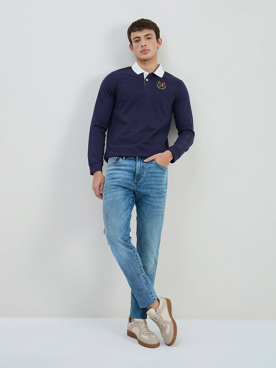 Iconic Men Regular Fit Navy Blue Logo Polo T-shirt