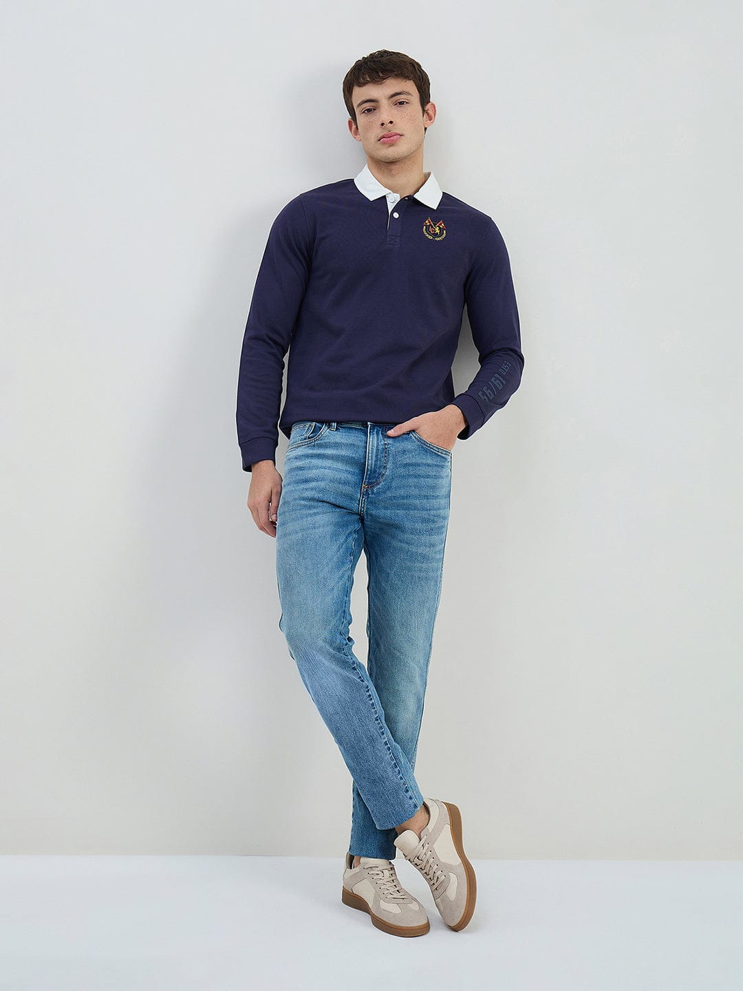 Iconic Men Regular Fit Navy Blue Logo Polo T-shirt