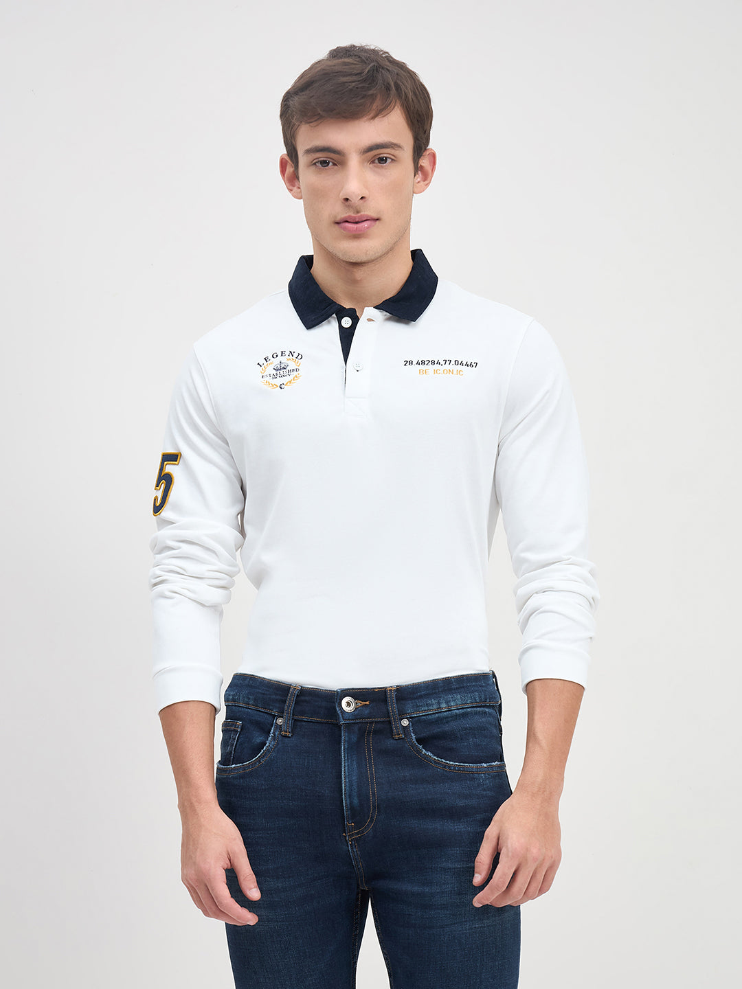ICONIC Men White Logo Polo Neck Regular Fit Rugby