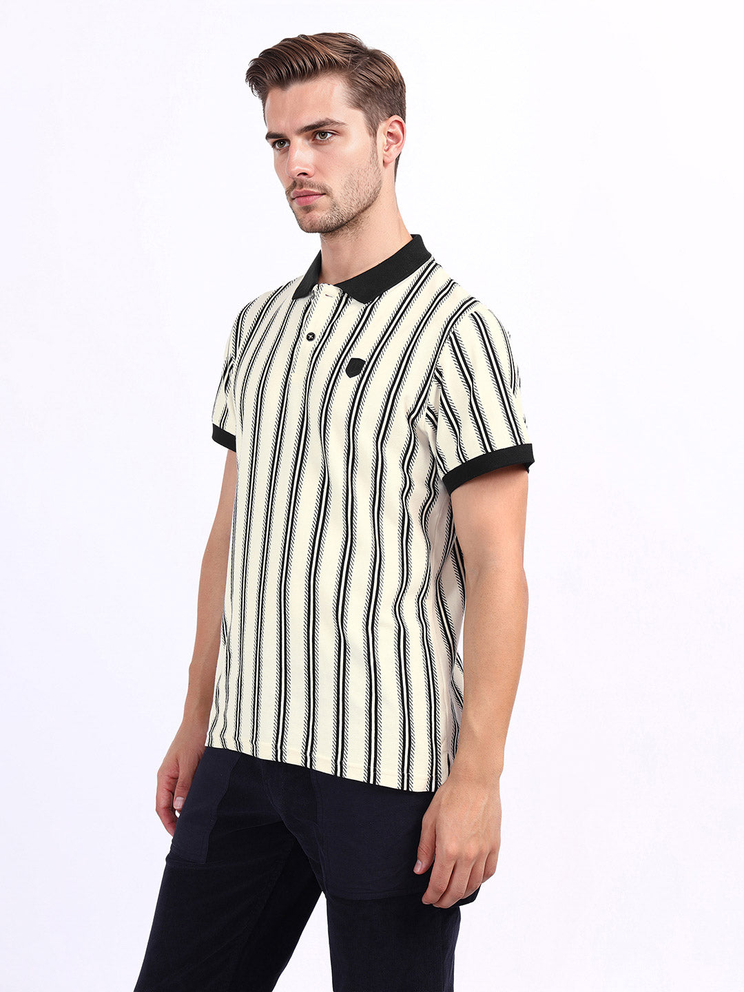 Iconic Men White Striped Polo Tshirt