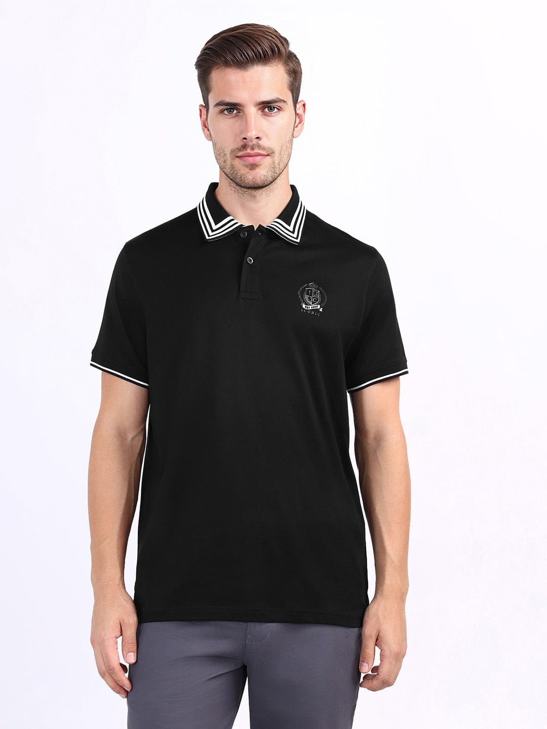 Iconic Men Black Solid Polo Tshirt