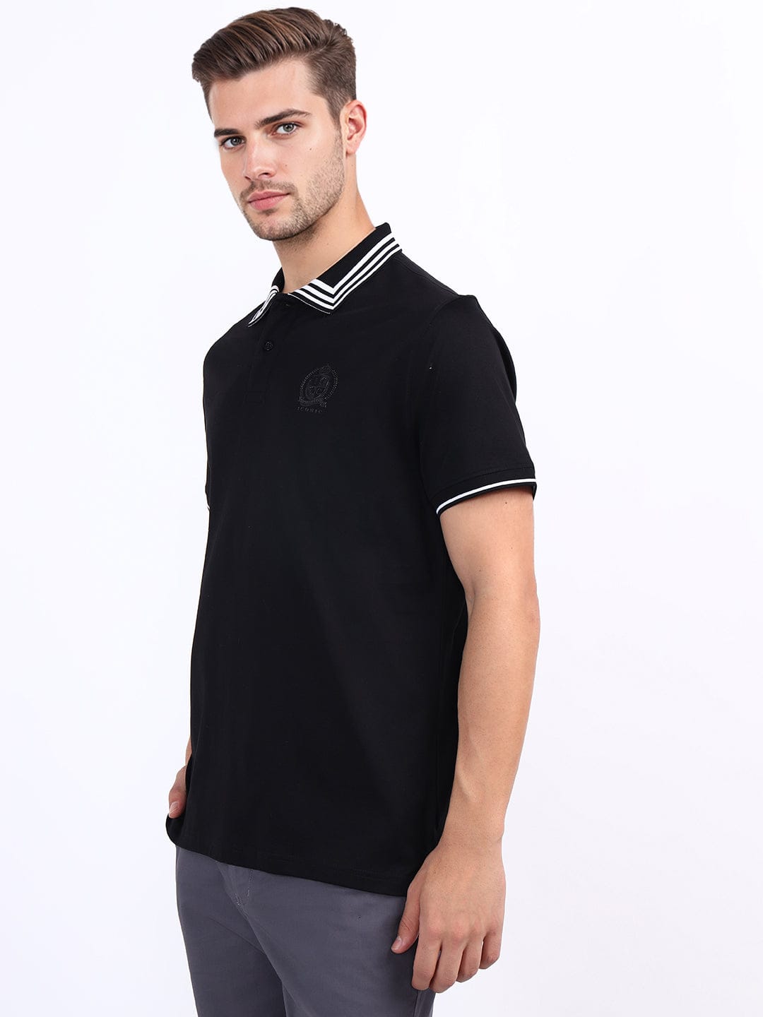 Iconic Men Black Solid Polo Tshirt